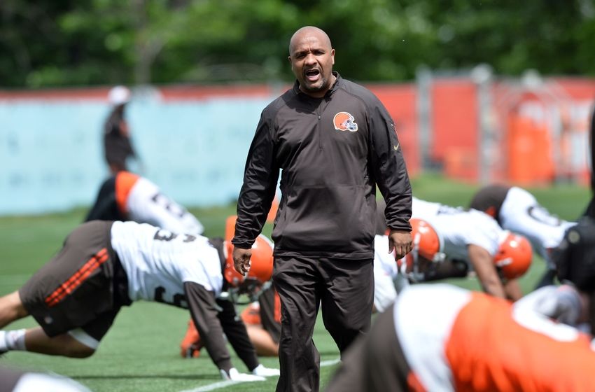 Jun 7, 2016; Berea, OH, USA; Cleveland Browns head coach Hue Jackson yells to the team during minicamp at the Cleveland Browns training facility. Mandatory Credit: Ken Blaze-USA TODAY Sports