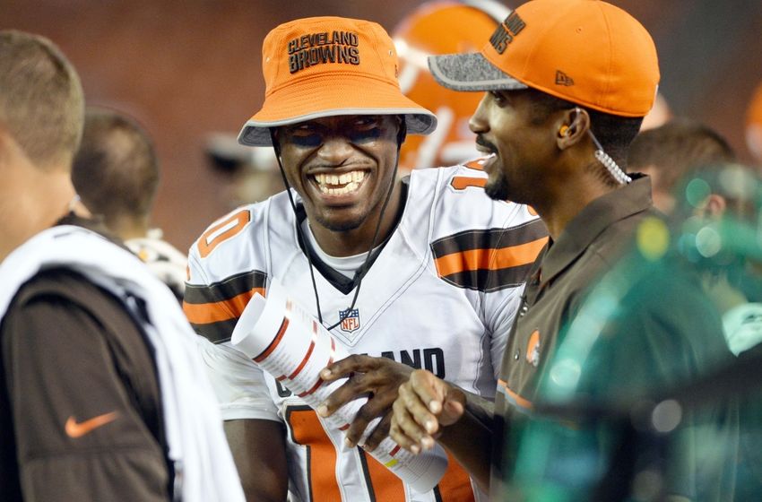 Aug 18, 2016; Cleveland, OH, USA; Cleveland Browns quarterback Robert Griffin III (10) on the sidelines during the second half against the Atlanta Falcons at FirstEnergy Stadium. The Falcons won 24-13. Mandatory Credit: Ken Blaze-USA TODAY Sports