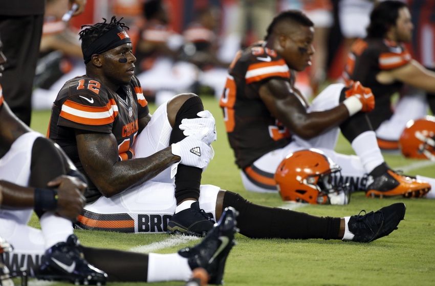Aug 26, 2016; Tampa, FL, USA; Cleveland Browns wide receiver Josh Gordon (12) stretches as he works out prior to the game against the Tampa Bay Buccaneers at Raymond James Stadium. Mandatory Credit: Kim Klement-USA TODAY Sports