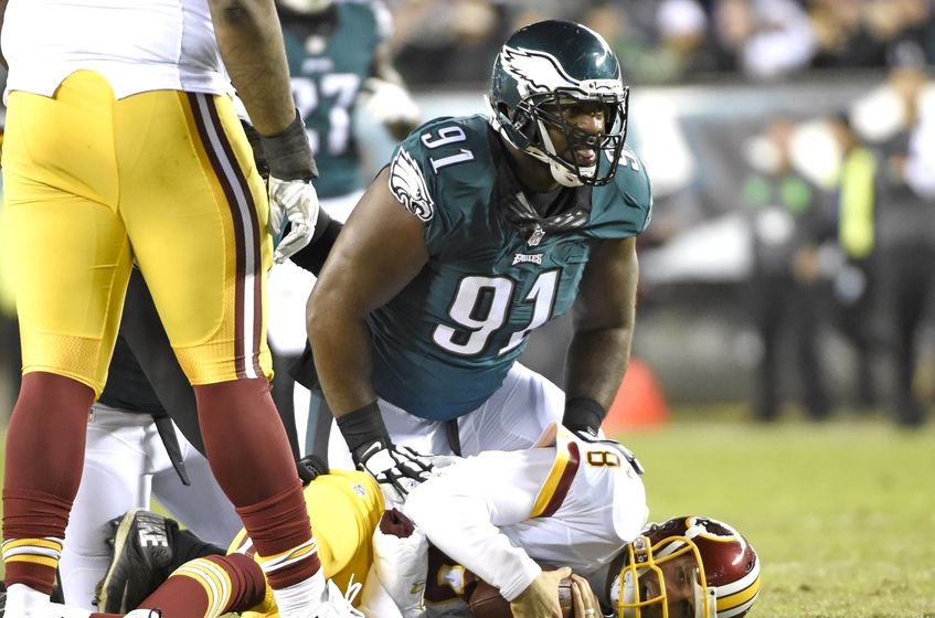 Dec 26, 2015; Philadelphia, PA, USA; Philadelphia Eagles defensive end Fletcher Cox (91) sacks Washington Redskins quarterback Kirk Cousins (8) during the second quarter at Lincoln Financial Field. Mandatory Credit: Eric Hartline-USA TODAY Sports