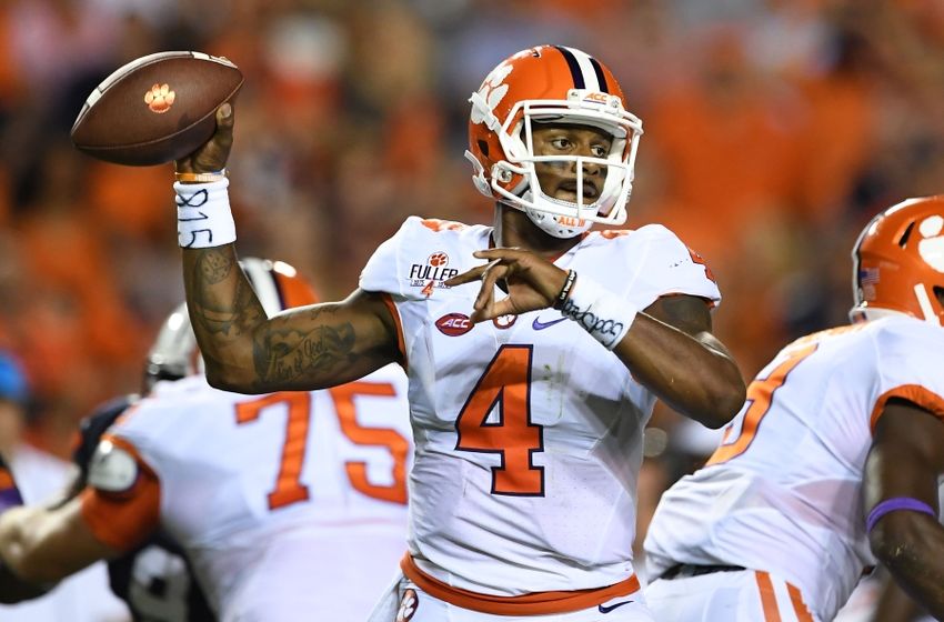 Sep 3, 2016; Auburn, AL, USA; Clemson Tigers quarterback Deshaun Watson (4) passes against the Auburn Tigers during the first quarter at Jordan Hare Stadium. Mandatory Credit: John David Mercer-USA TODAY Sports