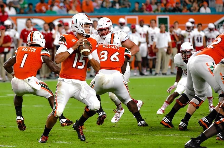 Sep 10, 2016; Miami Gardens, FL, USA; Miami Hurricanes quarterback Brad Kaaya (15) throws a pass during the second half against Florida Atlantic Owls at Hard Rock Stadium. Miami won 38-10. Mandatory Credit: Steve Mitchell-USA TODAY Sports