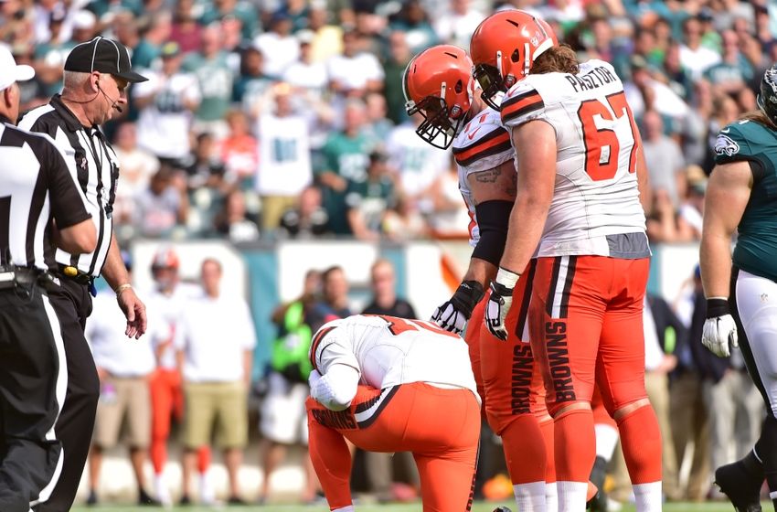 Sep 11, 2016; Philadelphia, PA, USA; Cleveland Browns guard John Greco (77) and offensive guard Austin Pasztor (67) check on quarterback Robert Griffin III (10) during the fourth quarter against the Philadelphia Eagles at Lincoln Financial Field. The Eagles defeated the Browns, 29-10. Mandatory Credit: Eric Hartline-USA TODAY Sports