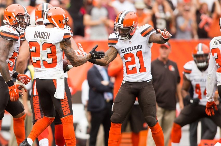 Sep 18, 2016; Cleveland, OH, USA; Cleveland Browns cornerback Joe Haden (23) celebrates with Cleveland Browns cornerback Jamar Taylor (21) after a third quarter interception against the Baltimore Ravens at FirstEnergy Stadium. The Ravens defeated the Browns 25-20. Mandatory Credit: Scott R. Galvin-USA TODAY Sports