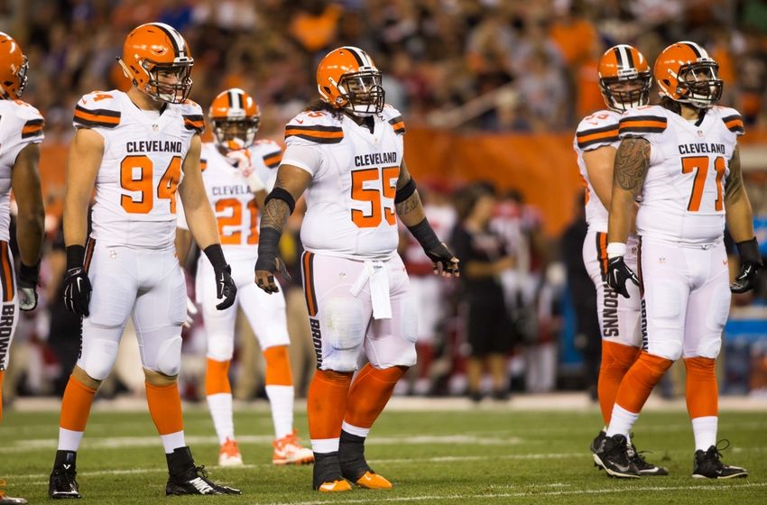 Aug 18, 2016; Cleveland, OH, USA; Cleveland Browns defensive end Carl Nassib (94), defensive linemen Danny Shelton (55) and Nick Hayden (71) during the first quarter against the Atlanta Falcons at FirstEnergy Stadium. Mandatory Credit: Scott R. Galvin-USA TODAY Sports