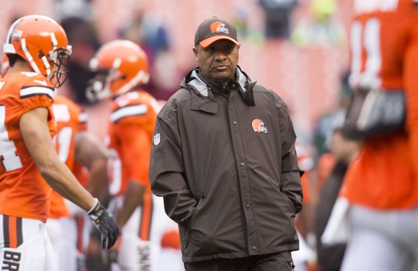 Oct 30, 2016; Cleveland, OH, USA; Cleveland Browns head coach Hue Jackson watches warmups before a game against the New York Jets at FirstEnergy Stadium. Mandatory Credit: Scott R. Galvin-USA TODAY Sports