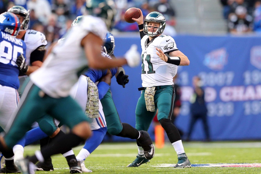 Nov 6, 2016; East Rutherford, NJ, USA; Philadelphia Eagles quarterback Carson Wentz (11) throws a pass against the New York Giants during the second quarter at MetLife Stadium. Mandatory Credit: Brad Penner-USA TODAY Sports