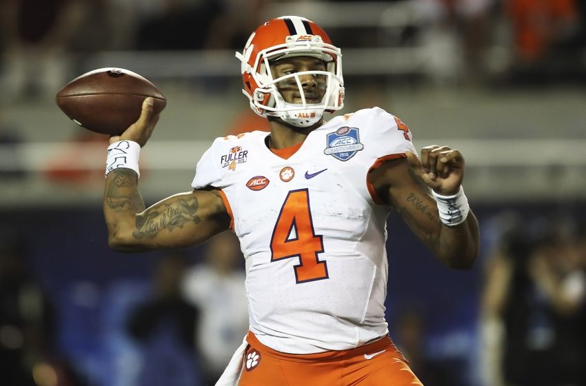 Dec 3, 2016; Orlando, FL, USA; Clemson Tigers quarterback Deshaun Watson (4) throws the ball in the second half against the Virginia Tech Hokies during the ACC Championship college football game at Camping World Stadium. Clemson Tigers won 42-35. Mandatory Credit: Logan Bowles-USA TODAY Sports