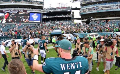 Sep 11, 2016; Philadelphia, PA, USA; Philadelphia Eagles quarterback Carson Wentz (11) walks off the field after defeating Cleveland Browns at Lincoln Financial Field. The Eagles defeated the Browns, 29-10. Mandatory Credit: Eric Hartline-USA TODAY Sports
