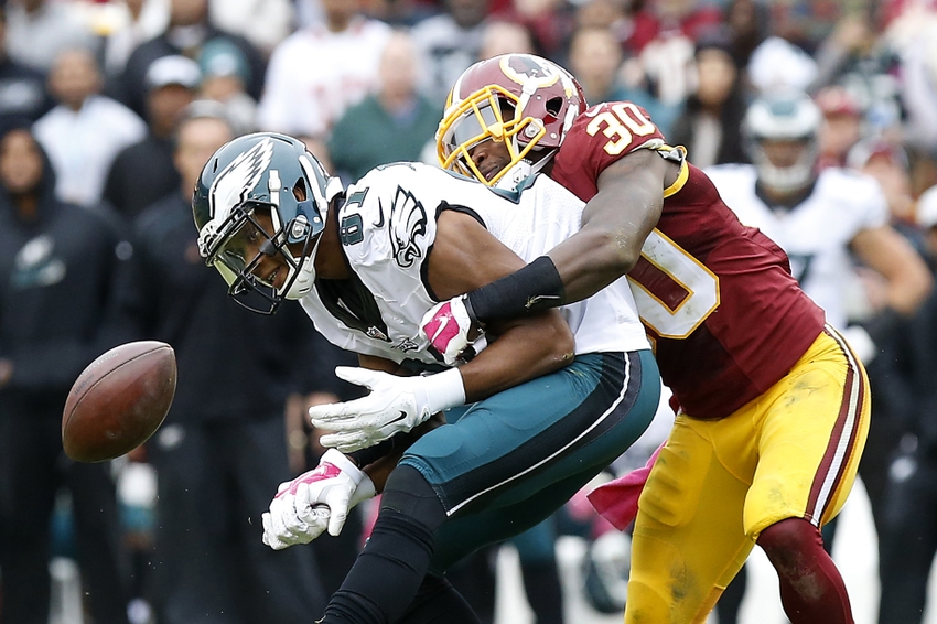 Oct 4, 2015; Landover, MD, USA; Washington Redskins strong safety Kyshoen Jarrett (30) breaks up a pass intended for Philadelphia Eagles wide receiver Jordan Matthews (81) in the third quarter at FedEx Field. The Redskins won 23-20. Mandatory Credit: Geoff Burke-USA TODAY Sports