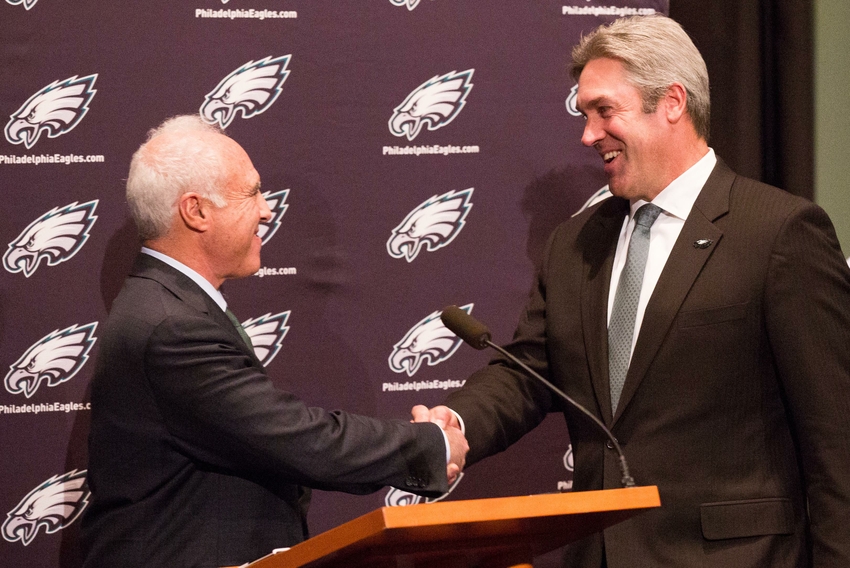 Jan 19, 2016; Philadelphia, PA, USA; Philadelphia Eagles owner Jeffrey Lurie (left) introduces new head coach Doug Pederson (right) during a press conference at the NovaCare Complex . Mandatory Credit: Bill Streicher-USA TODAY Sports