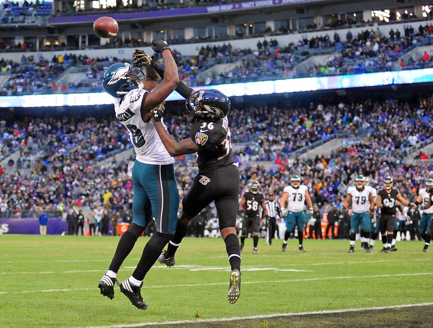 Dec 18, 2016; Baltimore, MD, USA; Philadelphia Eagles wide receiver Dorial Green-Beckham (18) has a pass knocked away by Baltimore Ravens cornerback Tavon Young (36) in the fourth quarter at M&T Bank Stadium. Mandatory Credit: Evan Habeeb-USA TODAY Sports