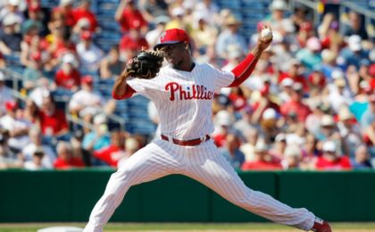 Mar 3, 2015; Clearwater, FL, USA; Philadelphia Phillies pitcher Joely Rodriguez (64) throws a pitch during the fifth inning against the New York Yankees during a spring training baseball game at Bright House Field. Mandatory Credit: Kim Klement-USA TODAY Sports