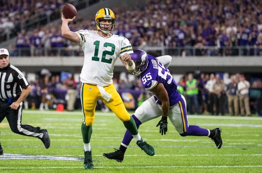 Sep 18, 2016; Minneapolis, MN, USA; Green Bay Packers quarterback Aaron Rodgers (12) throws against the Minnesota Vikings at U.S. Bank Stadium. The Vikings defeated the Packers 17-14. Mandatory Credit: Brace Hemmelgarn-USA TODAY Sports