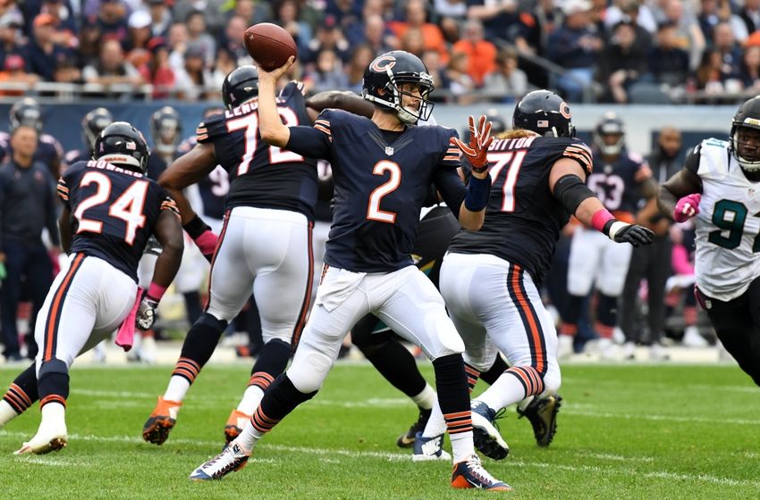 Oct 16, 2016; Chicago, IL, USA; Chicago Bears quarterback Brian Hoyer (2) passes against the Jacksonville Jaguars during the first half at Soldier Field. Mandatory Credit: Patrick Gorski-USA TODAY Sports