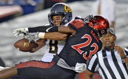 Sep 10, 2016; San Diego, CA, USA; San Diego State Aztecs cornerback Damontae Kazee (23) defends a pass to California Golden Bears wide receiver Demetris Robertson (8) during the fourth quarter at Qualcomm Stadium. Mandatory Credit: Jake Roth-USA TODAY Sports
