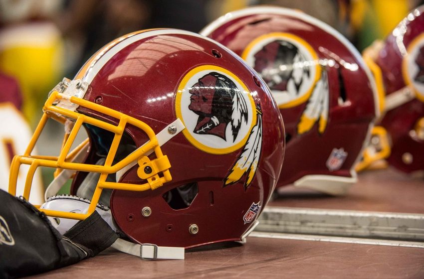 Jan 3, 2016; Arlington, TX, USA; A view of a Washington Redskins helmet and logo before the game between the Dallas Cowboys and the Washington Redskins at AT&T Stadium. The Redskins defeat the Cowboys 34-23. Mandatory Credit: Jerome Miron-USA TODAY Sports