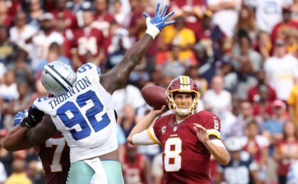 Sep 18, 2016; Landover, MD, USA; Washington Redskins quarterback Kirk Cousins (8) throws the ball against the Dallas Cowboys at FedEx Field. Mandatory Credit: Geoff Burke-USA TODAY Sports
