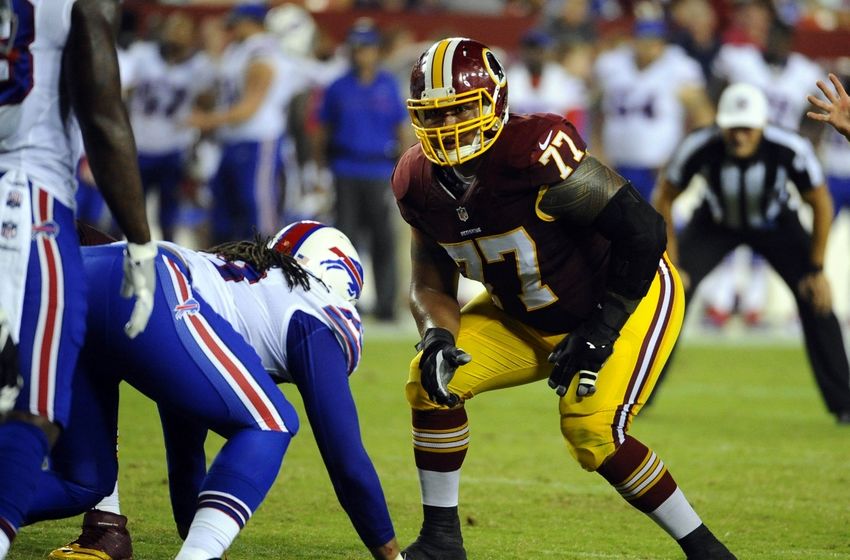 Aug 26, 2016; Landover, MD, USA; Washington Redskins guard Shawn Lauvao (77) prepares to block against the Buffalo Bills during the first half at FedEx Field. Mandatory Credit: Brad Mills-USA TODAY Sports
