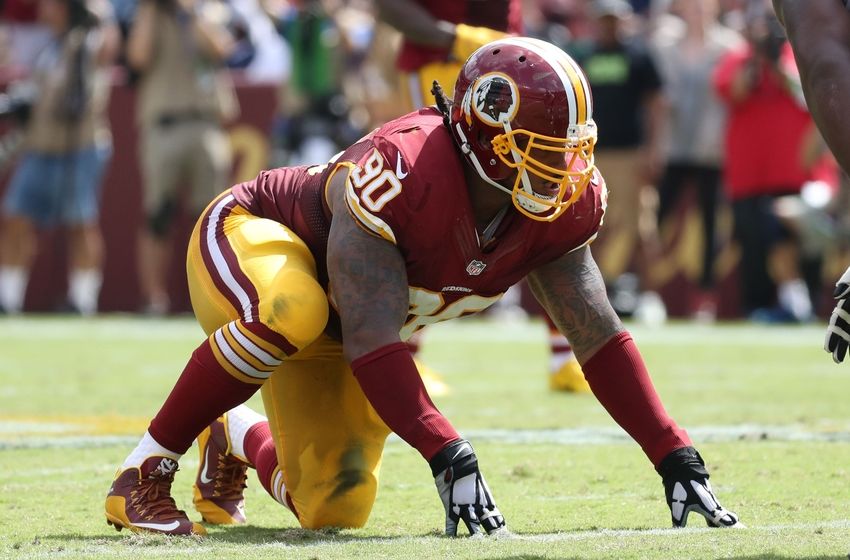 Sep 18, 2016; Landover, MD, USA; Washington Redskins defensive end Ziggy Hood (90) lines up against the Dallas Cowboys at FedEx Field. Mandatory Credit: Geoff Burke-USA TODAY Sports