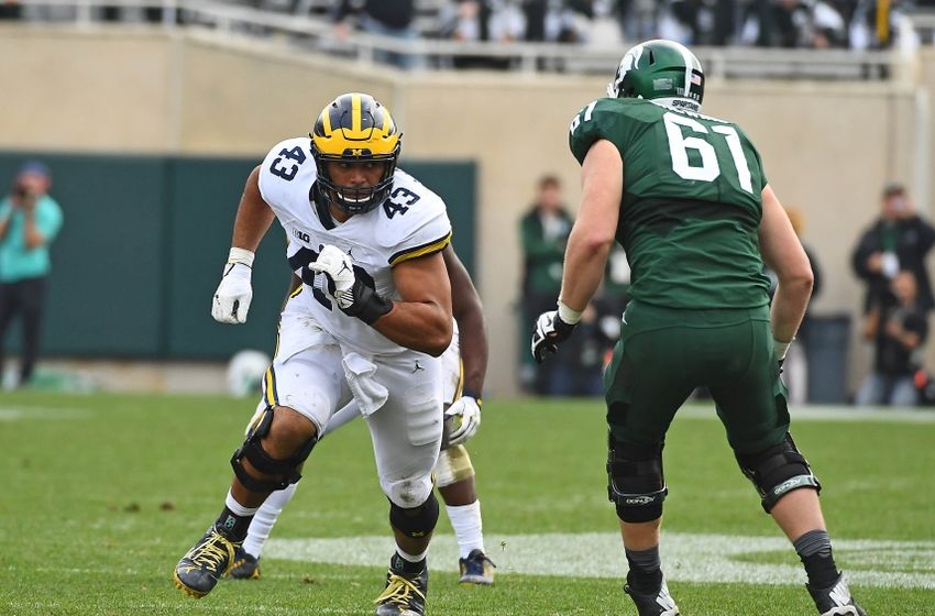 Oct 29, 2016; East Lansing, MI, USA; Michigan Wolverines defensive end Chris Wormley (43) rushes the passer against the Michigan State Spartans during the second half at Spartan Stadium. Mandatory Credit: Brad Mills-USA TODAY Sports