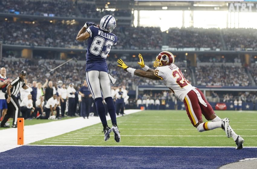 Nov 24, 2016; Arlington, TX, USA; Dallas Cowboys wide receiver Terrance Williams (83) catches a touchdown pass against Washington Redskins cornerback Bashaud Breeland (26) in the second quarter at AT&T Stadium. Mandatory Credit: Tim Heitman-USA TODAY Sports