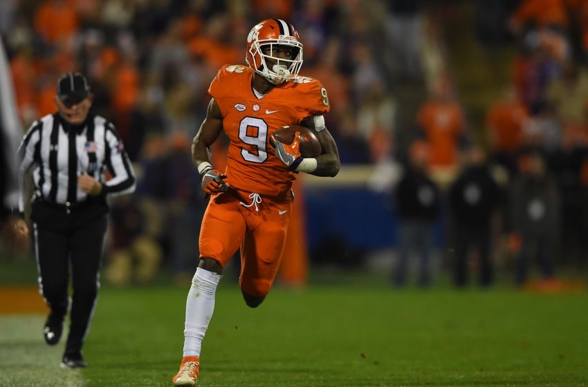 Nov 26, 2016; Clemson, SC, USA; Clemson Tigers running back Wayne Gallman (9) runs along the sidelines during the third quarter against the South Carolina Gamecocks at Clemson Memorial Stadium. Mandatory Credit: Tommy Gilligan-USA TODAY Sports