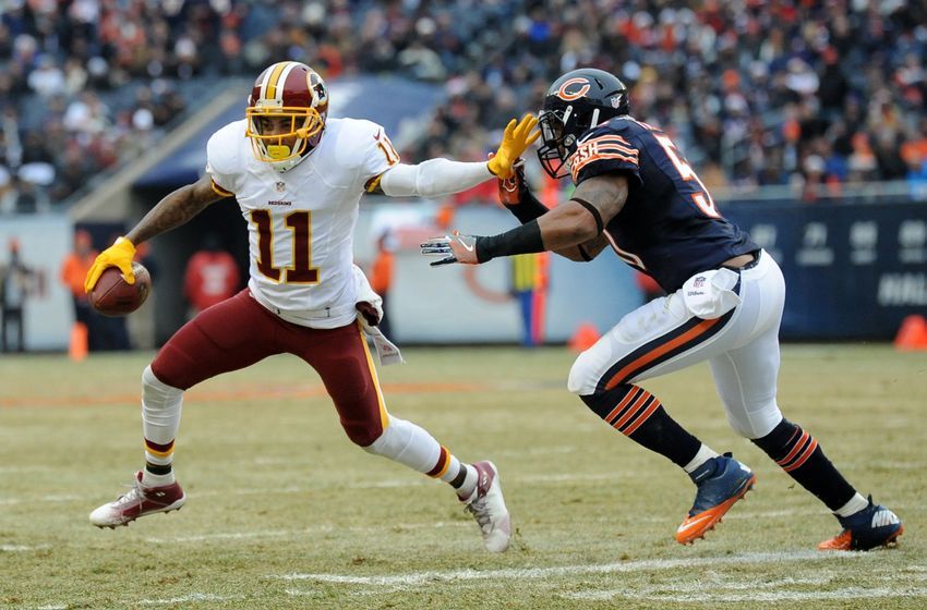 Dec 24, 2016; Chicago, IL, USA; Washington Redskins wide receiver DeSean Jackson (11) carries the ball as Chicago Bears inside linebacker Jerrell Freeman (50) defends during the first half at Soldier Field. Mandatory Credit: Patrick Gorski-USA TODAY Sports