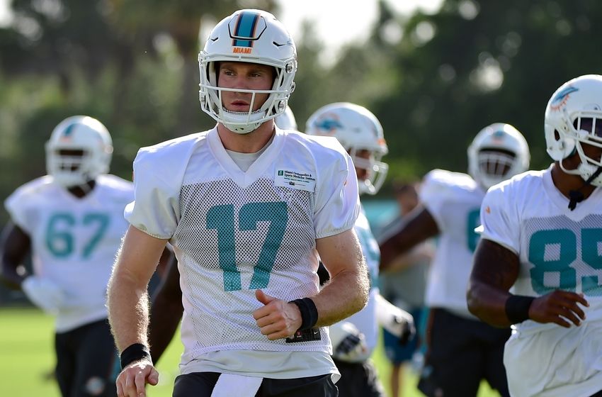 Aug 4, 2016; Miami Gardens, FL, USA; Miami Dolphins quarterback Ryan Tannehill (17) warms up practice drills at Baptist Health Training Facility. Mandatory Credit: Steve Mitchell-USA TODAY Sports