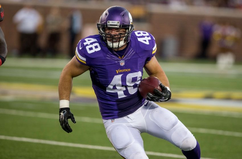 Aug 15, 2015; Minneapolis, MN, USA; Minnesota Vikings fullback Zach Line (48) catches a pass against the Tampa Bay Buccaneers in the preseason NFL football game at TCF Bank Stadium. The Vikings win 26-16. Mandatory Credit: Bruce Kluckhohn-USA TODAY Sports