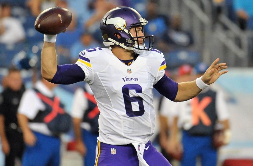 Sep 3, 2015; Nashville, TN, USA; Minnesota Vikings quarterback Taylor Heinicke (6) passes against theTennessee Titans during the first half at Nissan Stadium. Mandatory Credit: Jim Brown-USA TODAY Sports