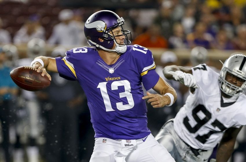 Aug 22, 2015; Minneapolis, MN, USA; Minnesota Vikings quarterback Shaun Hill (13) passes against the Oakland Raiders in the second quarter at TCF Bank Stadium. Mandatory Credit: Bruce Kluckhohn-USA TODAY Sports