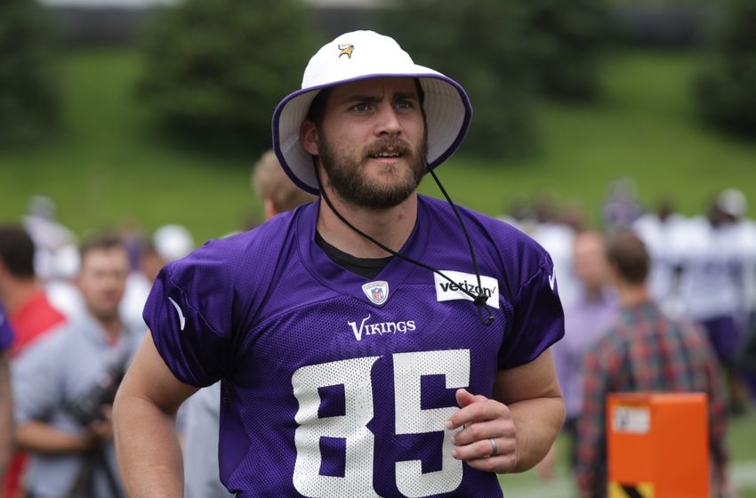 Jun 15, 2016; Minneapolis, MN, USA; Minnesota Vikings tight end Rhett Ellison (85) runs off the field after practice at mini camp. Mandatory Credit: Brad Rempel-USA TODAY Sports
