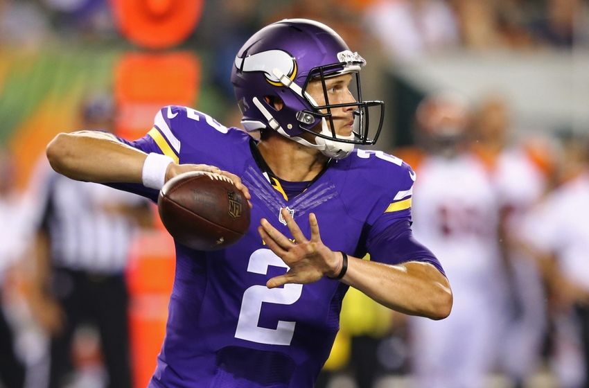 Aug 12, 2016; Cincinnati, OH, USA; Minnesota Vikings quarterback Joel Stave (2) looks to pass in the second half against the Cincinnati Bengals in a preseason NFL football game at Paul Brown Stadium. The Vikings won 17-16. Mandatory Credit: Aaron Doster-USA TODAY Sports
