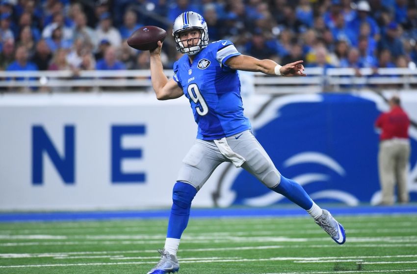 Sep 18, 2016; Detroit, MI, USA; Detroit Lions quarterback Matthew Stafford (9) drops back to pass during the third quarter against the Tennessee Titans at Ford Field. Mandatory Credit: Tim Fuller-USA TODAY Sports