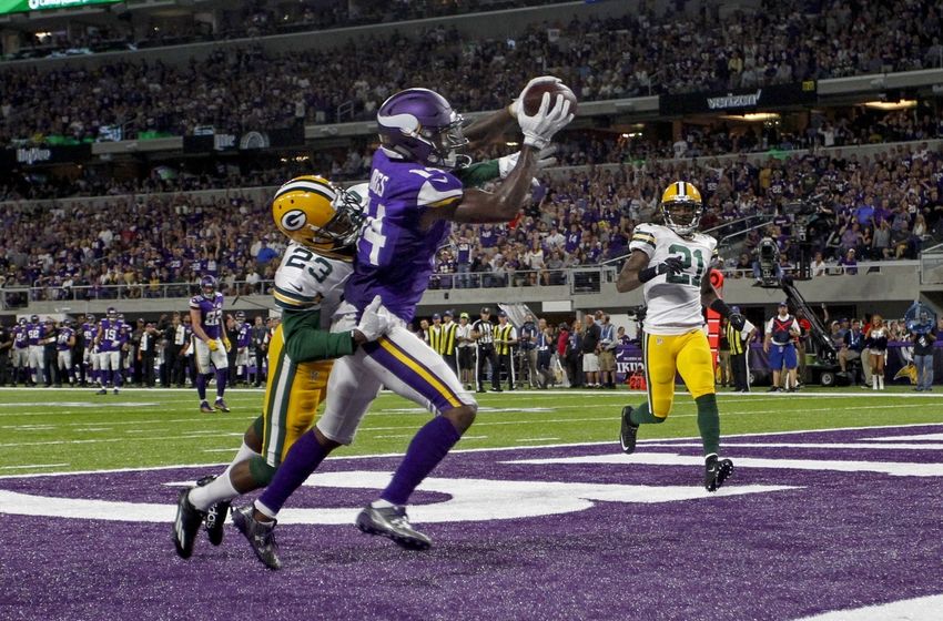 Sep 18, 2016; Minneapolis, MN, USA; Minnesota Vikings wide receiver Stefon Diggs (14) catches a touchdown pass past Green Bay Packers cornerback Damarious Randall (23) in the third quarter at U.S. Bank Stadium. The Vikings win 17-14. Mandatory Credit: Bruce Kluckhohn-USA TODAY Sports