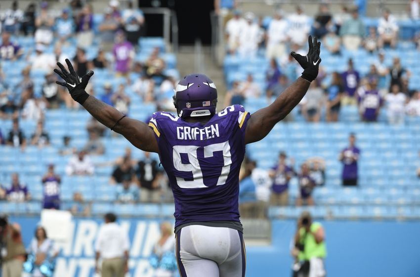 Sep 25, 2016; Charlotte, NC, USA; Minnesota Vikings defensive end Everson Griffen (97) reacts after making a sack in the fourth quarter. The Vikings defeated the Panthers 22-10 at Bank of America Stadium. Mandatory Credit: Bob Donnan-USA TODAY Sports
