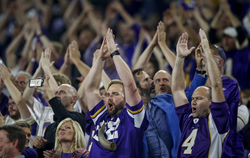Oct 3, 2016; Minneapolis, MN, USA; Minnesota Vikings fans cheer on their team against the New York Giants at U.S. Bank Stadium. The Vikings won 24-10. Mandatory Credit: Bruce Kluckhohn-USA TODAY Sports