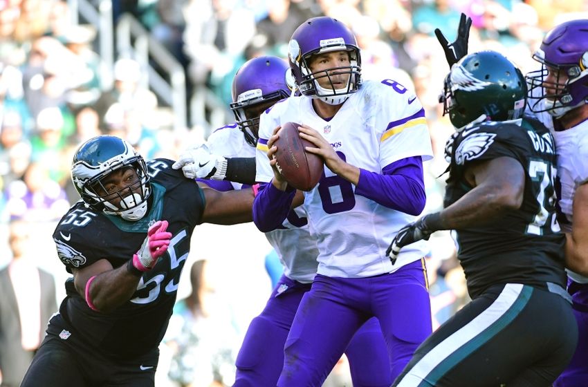 Oct 23, 2016; Philadelphia, PA, USA; Minnesota Vikings quarterback Sam Bradford (8) throws a pass under pressure by Philadelphia Eagles defensive end Brandon Graham (55) defense during the fourth quarter at Lincoln Financial Field. The Eagles defeated the Vikings, 21-10. Mandatory Credit: Eric Hartline-USA TODAY Sports