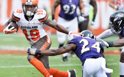 Sep 18, 2016; Cleveland, OH, USA; Cleveland Browns wide receiver Corey Coleman (19) runs with the ball after a catch as Baltimore Ravens cornerback Shareece Wright (24) goes for the tackle during the second half at FirstEnergy Stadium. The Ravens won 25-20. Mandatory Credit: Ken Blaze-USA TODAY Sports