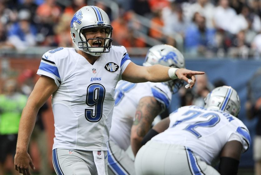 Oct 2, 2016; Chicago, IL, USA; Detroit Lions quarterback Matthew Stafford (9) signals against the Chicago Bears in the first quarter at Soldier Field. Mandatory Credit: Matt Marton-USA TODAY Sports