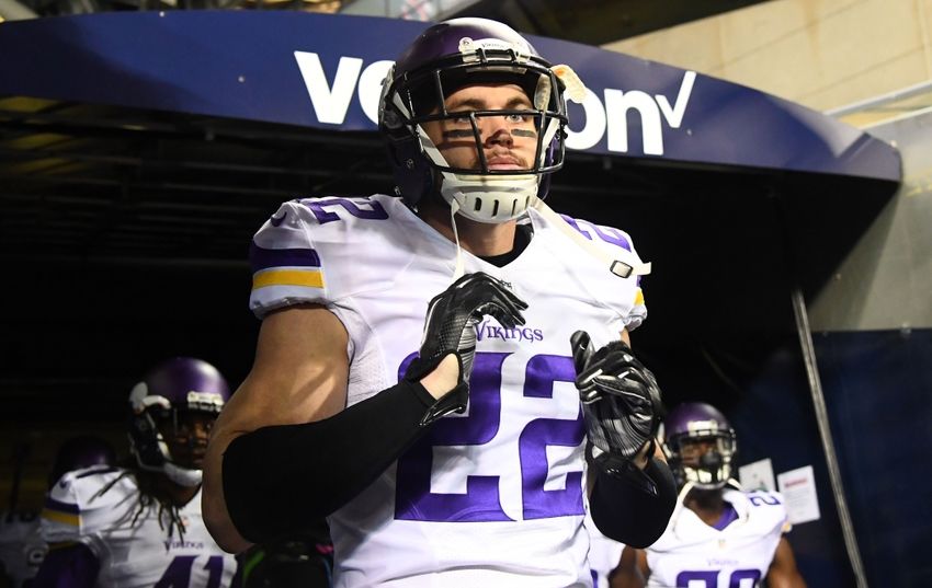 Oct 31, 2016; Chicago, IL, USA; Minnesota Vikings free safety Harrison Smith (22) takes the field before a game against the Chicago Bears at Soldier Field. Mandatory Credit: Mike DiNovo-USA TODAY Sports