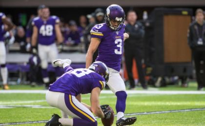 Nov 6, 2016; Minneapolis, MN, USA; Minnesota Vikings kicker Blair Walsh (3) kicks a field goal during the second quarter against the Detroit Lions at U.S. Bank Stadium. Mandatory Credit: Brace Hemmelgarn-USA TODAY Sports