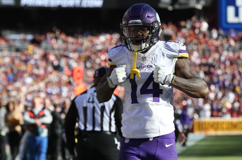 Nov 13, 2016; Landover, MD, USA; Minnesota Vikings wide receiver Stefon Diggs (14) gestures after catching a pass against the Washington Redskins in the second quarter at FedEx Field. Mandatory Credit: Geoff Burke-USA TODAY Sports