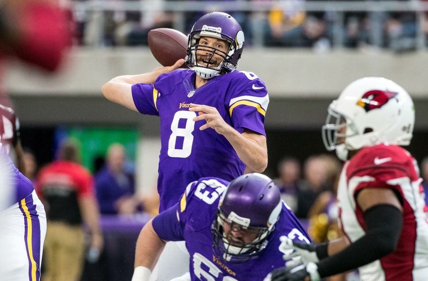 Nov 20, 2016; Minneapolis, MN, USA; Minnesota Vikings quarterback Sam Bradford (8) throws during the first quarter against the Arizona Cardinals at U.S. Bank Stadium. Mandatory Credit: Brace Hemmelgarn-USA TODAY Sports