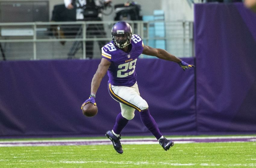 Nov 20, 2016; Minneapolis, MN, USA; Minnesota Vikings cornerback Xavier Rhodes (29) celebrates his interception during the third quarter against the Arizona Cardinals at U.S. Bank Stadium. The Vikings defeated the Cardinals 30-24. Mandatory Credit: Brace Hemmelgarn-USA TODAY Sports