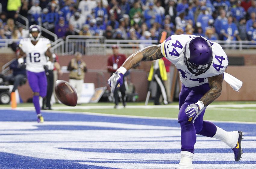 Nov 24, 2016; Detroit, MI, USA; Minnesota Vikings running back Matt Asiata (44) celebrates after a touchdown during the first quarter against the Detroit Lions at Ford Field. Mandatory Credit: Raj Mehta-USA TODAY Sports