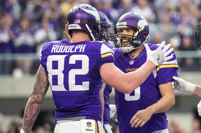 Jan 1, 2017; Minneapolis, MN, USA; Minnesota Vikings tight end Kyle Rudolph (82) celebrates his touchdown with quarterback Sam Bradford (8) during the second quarter against the Chicago Bears at U.S. Bank Stadium. Mandatory Credit: Brace Hemmelgarn-USA TODAY Sports