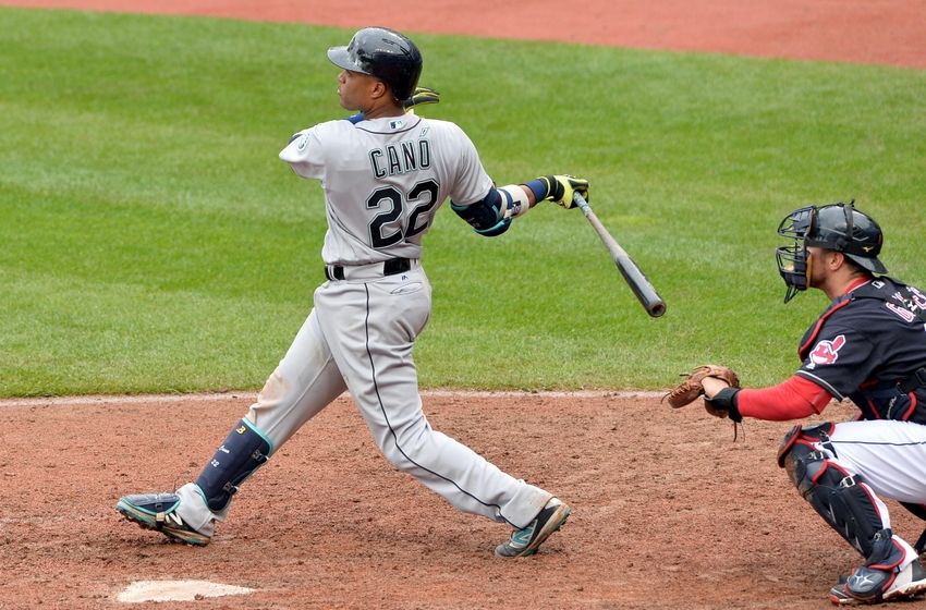 Apr 21, 2016; Cleveland, OH, USA; Seattle Mariners second baseman Robinson Cano (22) hits a three-run home run during the tenth inning against the Cleveland Indians at Progressive Field. Mandatory Credit: Ken Blaze-USA TODAY Sports