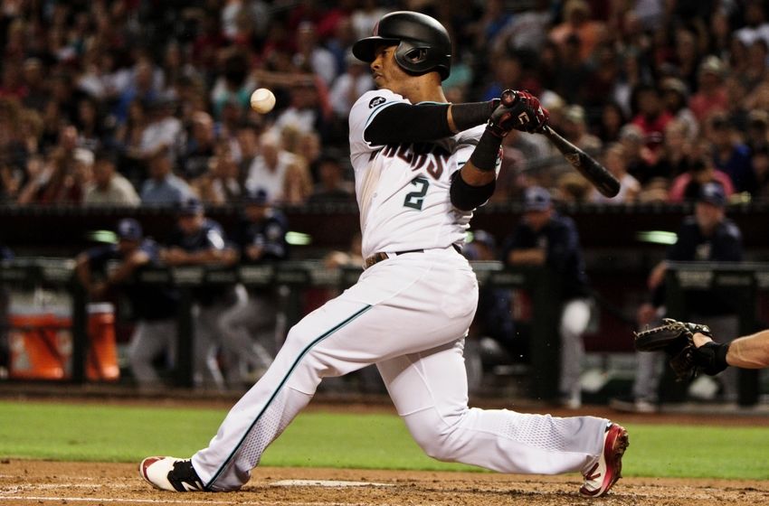 Sep 30, 2016; Phoenix, AZ, USA; Arizona Diamondbacks second baseman Jean Segura (2) hits a foul ball during the third inning against the San Diego Padres at Chase Field. Mandatory Credit: Matt Kartozian-USA TODAY Sports
